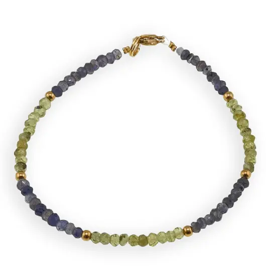 Bratara Peridot si Iolith discuri fatetate 3mm cu bumbi aurii