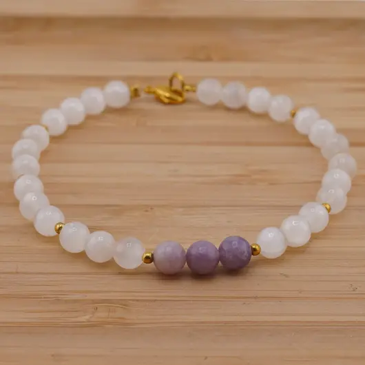 Bratara Selenit si Lepidolit sfere 6mm cu bumbi aurii, imagine 2