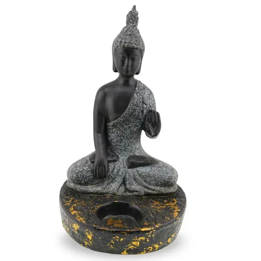 Decoratiune Suport ardere lumanari - Buddha in pozitie lotus, gri