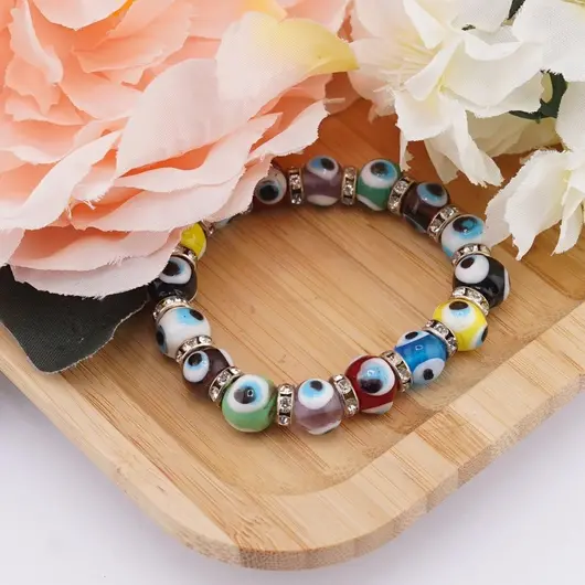Bratara Feng Shui pe elastic cu ochi protectori multicolori si elemente argintii, imagine 2