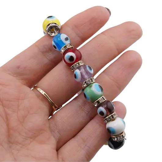 Bratara Feng Shui pe elastic cu ochi protectori multicolori si elemente argintii, imagine 3