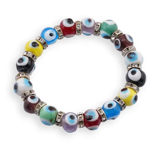 Bratara Feng Shui pe elastic cu ochi protectori multicolori si elemente argintii
