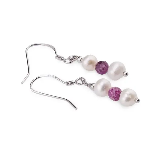 Cercei cu agatatoare Perle de cultura 5-6mm si Rubin sfere fatetate 4mm cu Argint 925, imagine 2