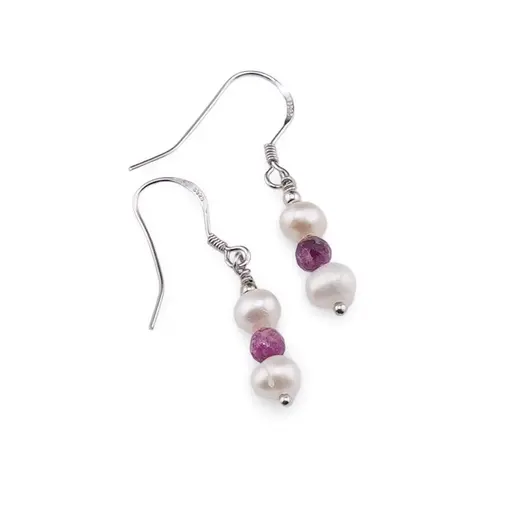 Cercei cu agatatoare Perle de cultura 5-6mm si Rubin sfere fatetate 4mm cu Argint 925