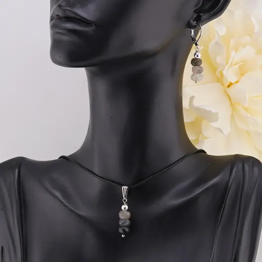 Set cercei cu agatatoare si pandantiv Cuart turmalinat discuri fatetate, 6-7mm, imagine 3