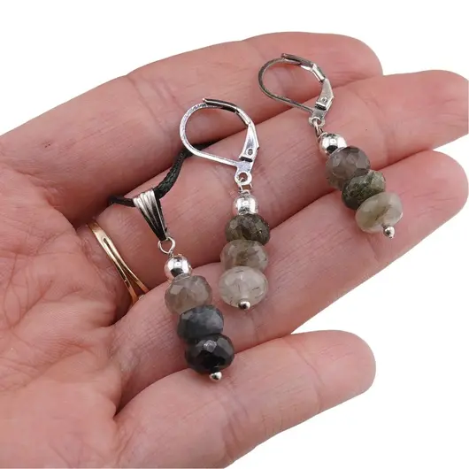 Set cercei cu agatatoare si pandantiv Cuart turmalinat discuri fatetate, 6-7mm, imagine 4