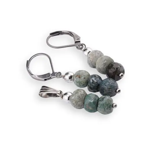 Set cercei cu agatatoare si pandantiv Jad Serpentin discuri fatetate, 6-7mm, imagine 2