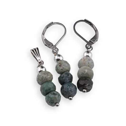Set cercei cu agatatoare si pandantiv Jad Serpentin discuri fatetate, 6-7mm