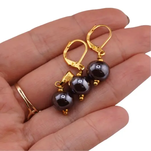 Set Cercei si Pandantiv Hematit sfera 10mm si inox auriu, imagine 4