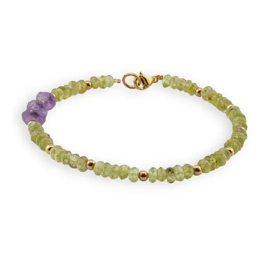 Bratara Peridot discuri fatetate 4mm si Ametist discuri fatetate 6mm cu bumbi aurii, imagine 2