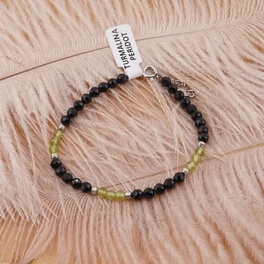 Bratara Turmalina neagra si Peridot sfere fatetate 4mm cu argint 925, imagine 3