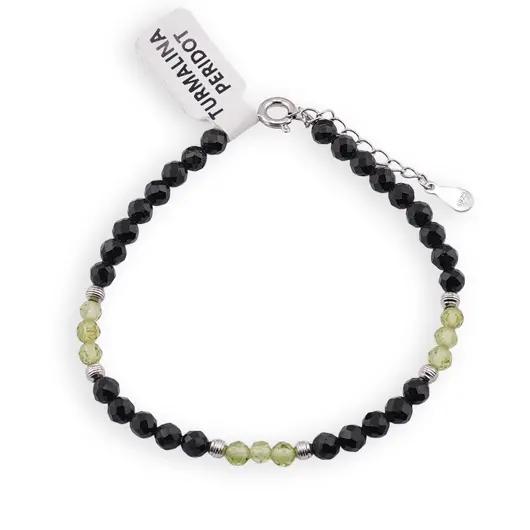 Bratara Turmalina neagra si Peridot sfere fatetate 4mm cu argint 925