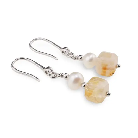 Cercei cu agatatoare din Argint 925 si zirconiu cu Citrin cub 6-7mm si Perle de cultura 5mm, imagine 2