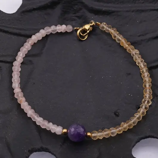 Bratara Citrin si Cuart roz discuri fatetate 4mm cu sfera fatetata de Ametist 8mm, imagine 2