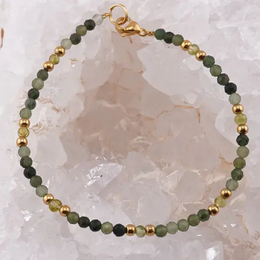 Bratara Jad sfere fatetate si Peridot sfere cu bumbi aurii, 3mm, imagine 2