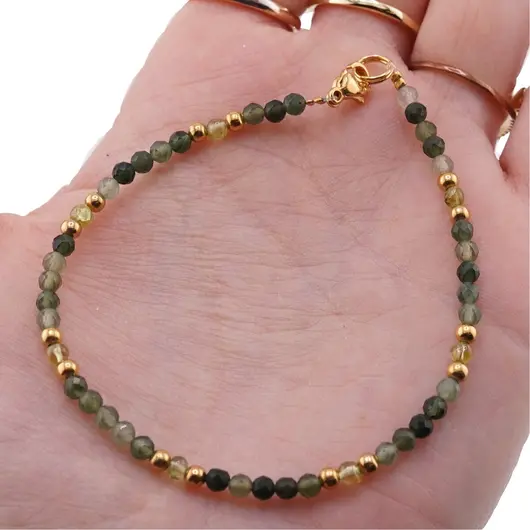 Bratara Jad sfere fatetate si Peridot sfere cu bumbi aurii, 3mm, imagine 3