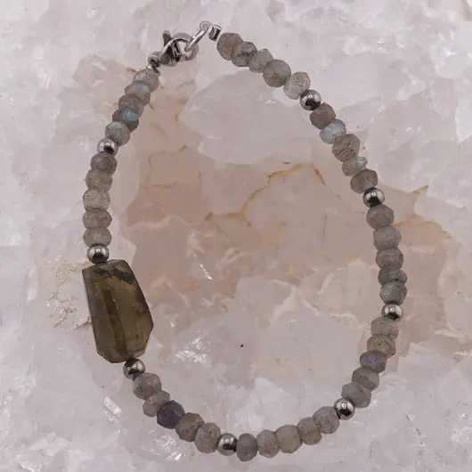 Bratara Labradorit discuri fatetate 4mm si cristal fatetat cu bumbi argintii, imagine 2