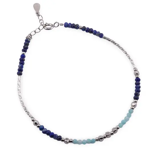 Bratara Lapis Lazuli discuri fatetate 3mm cu Amazonit sfere fatetate 2mm si Argint 925