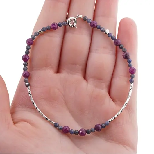 Bratara Safir sfere fatetate 3mm si Rubin sfere fatetate 4mm cu bara arcuita din Argint 925, imagine 4