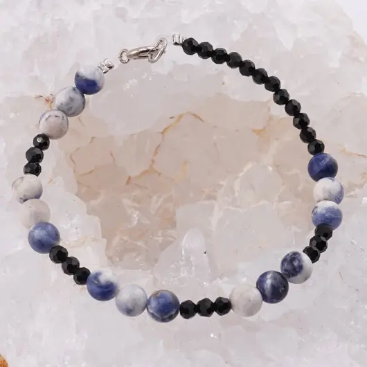 Bratara Turmalina neagra sfere fatetate si Sodalit sfere, 3-6mm, imagine 2
