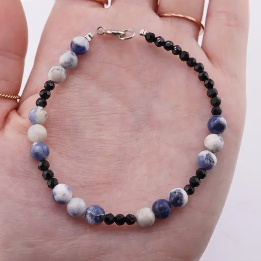 Bratara Turmalina neagra sfere fatetate si Sodalit sfere, 3-6mm, imagine 3