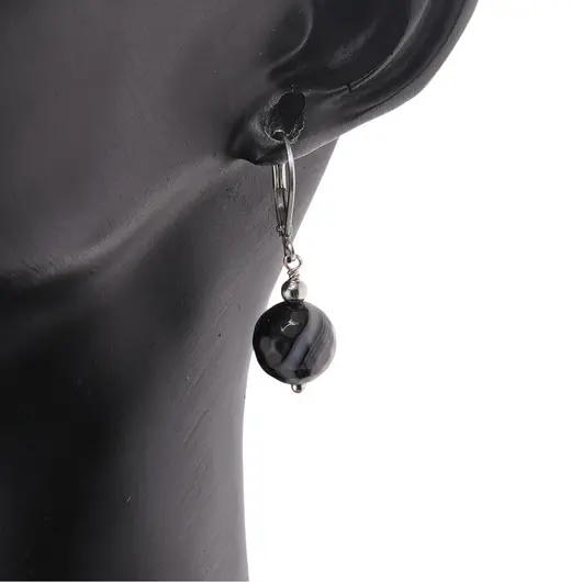 Cercei cu agatatoare Agat negru sfere fatetate 10mm, imagine 2
