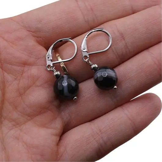 Cercei cu agatatoare Agat negru sfere fatetate 10mm, imagine 4