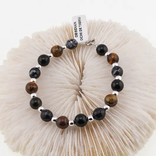 Bratara Ochi de tigru, Obsidian si Obsidian fulg de nea sfere 8mm si bumbi argintii, imagine 2