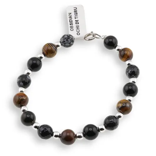 Bratara Ochi de tigru, Obsidian si Obsidian fulg de nea sfere 8mm si bumbi argintii