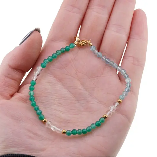 Bratara Onix verde, Cristal de stanca si Acvamarin sfere cu bumbi aurii, 3-4mm, imagine 3