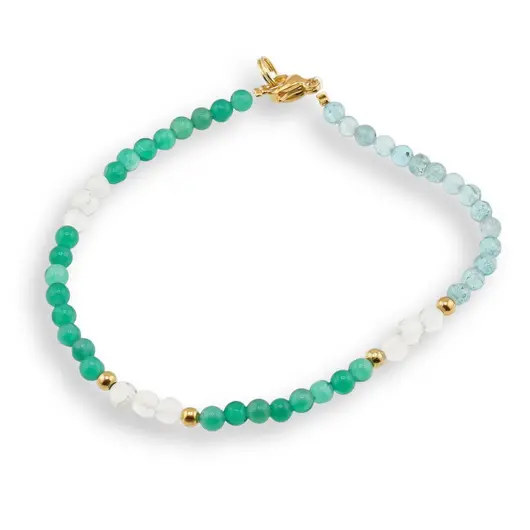 Bratara Onix verde, Cristal de stanca si Acvamarin sfere cu bumbi aurii, 3-4mm