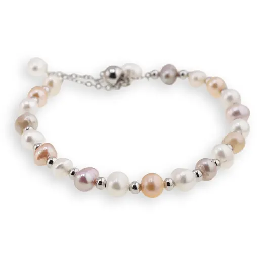 Bratara Perle de cultura albe, crem si roz cu bumbi argintii, 5-6mm, imagine 2