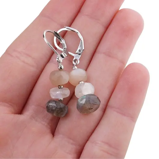Set cercei cu agatatoare si pandantiv Labradorit, Piatra lunii alba si crem discuri fatetate, 7-8mm, imagine 4
