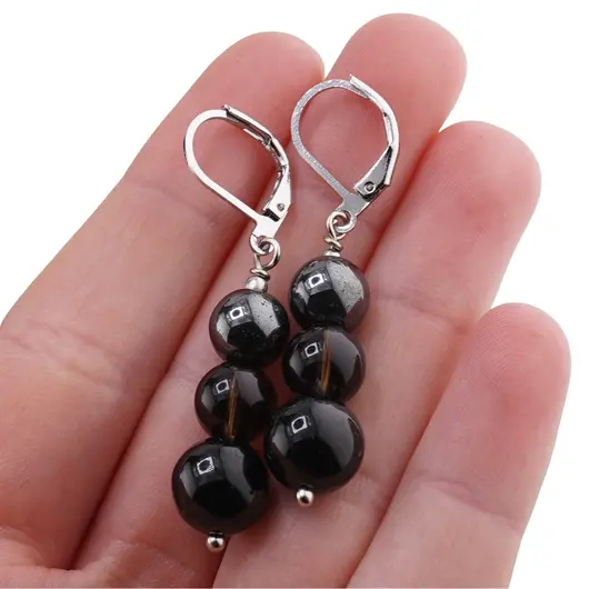 Set cercei cu agatatoare si pandantiv Turmalina neagra, Cuart fumuriu si Hematit sfere, 8-10mm, imagine 4