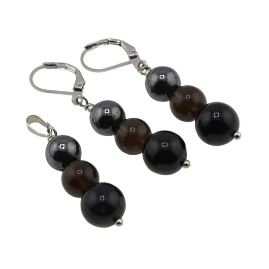 Set cercei cu agatatoare si pandantiv Turmalina neagra, Cuart fumuriu si Hematit sfere, 8-10mm