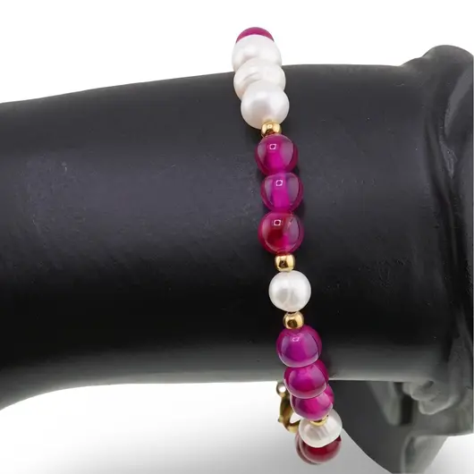 Bratara Agat roz sfere 6mm si Perle de cultura 5-7mm cu bumbi aurii, imagine 3