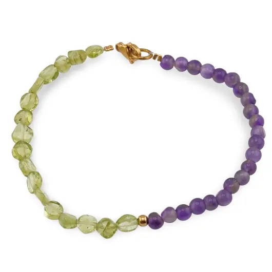 Bratara Ametist sfere 4mm si Peridot banuti 3-4mm cu bumb auriu