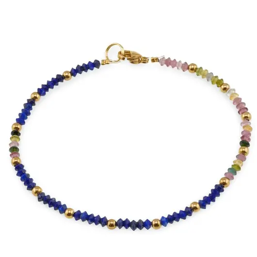 Bratara Lapis lazuli si Turmalina multicolora discuri fatetate si bumbi aurii, 3mm