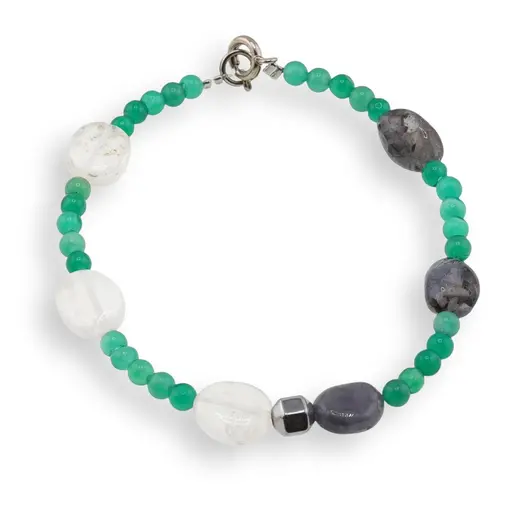 Bratara Onix verde sfere 4mm, Iolith si Cristal de stanca neregulat 10-12mm, Hematit fatetat