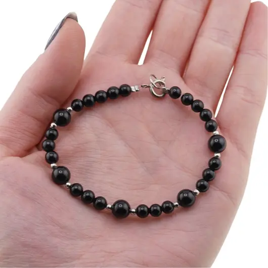 Bratara Turmalina neagra sfere 4-6mm si bumbi argintii, imagine 3