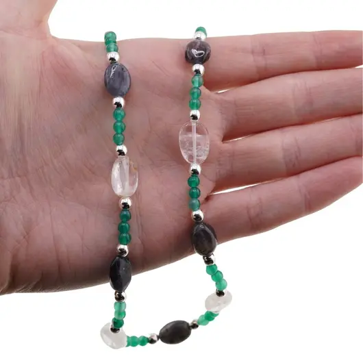 Colier Onix verde sfere 4mm, Iolith si Cristal de stanca neregulat 10-12mm, Hematit argintiu, imagine 3