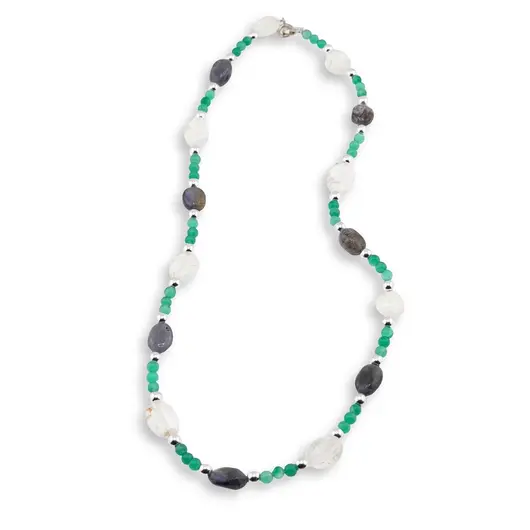 Colier Onix verde sfere 4mm, Iolith si Cristal de stanca neregulat 10-12mm, Hematit argintiu