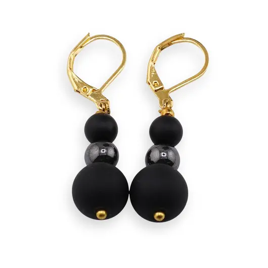 Cercei cu agatatoare Onix negru mat si Hematit sfere, 6-10mm