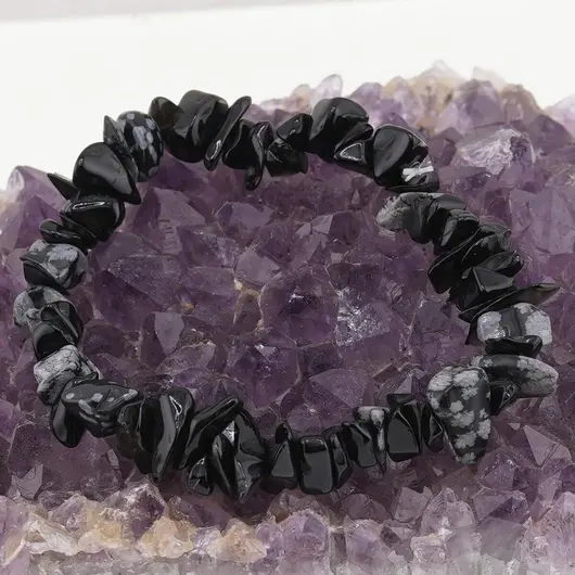 Bratara pe elastic cu pietre chips Obsidian fulg de nea, imagine 2