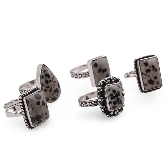 Inel reglabil cu montura argintie Jasp dalmatian, imagine 2