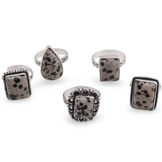 Inel reglabil cu montura argintie Jasp dalmatian
