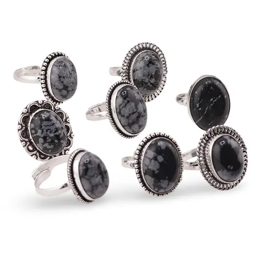 Inel reglabil cu montura argintie Obsidian fulg de nea, imagine 2