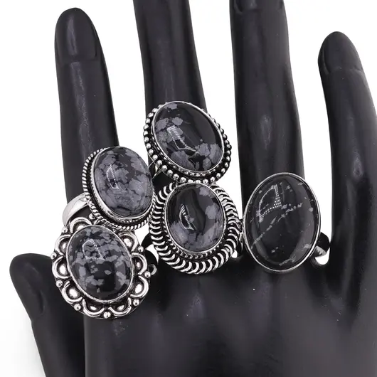 Inel reglabil cu montura argintie Obsidian fulg de nea, imagine 3