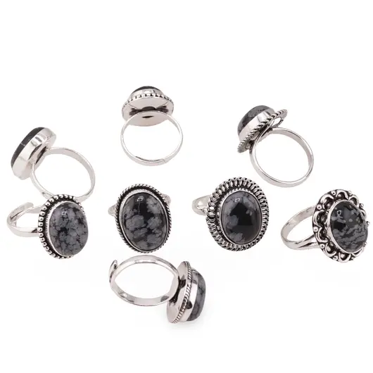 Inel reglabil cu montura argintie Obsidian fulg de nea, imagine 4