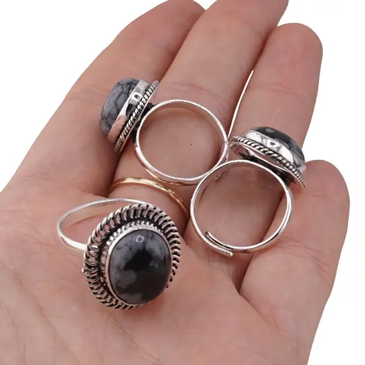 Inel reglabil cu montura argintie Obsidian fulg de nea, imagine 5